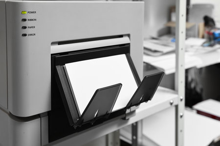 Modern printer with photo paper indoors, closeup. Printing house
