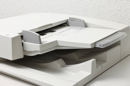 One modern printer in room, closeup view