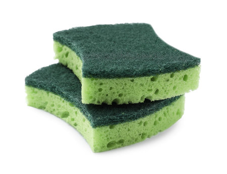 Green sponges isolated on white. Cleaning toolの写真素材