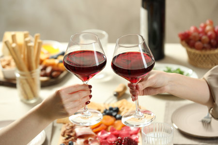Women clinking glasses of wine during dinner at table indoors, closeupの写真素材