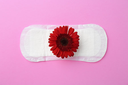 Menstrual pad with red flower on violet background, top viewの写真素材