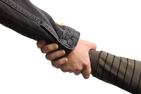 Help and support. People holding hands on white background, closeup