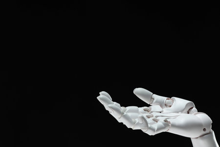 Artificial intelligence. Robot hand gesturing on black background, space for textの写真素材
