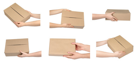 Woman holding parcel on white background, closeup. Collage