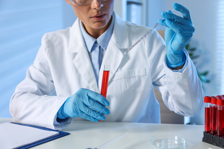 Laboratory testing. Doctor with blood sample and pipette indoors, closeupの写真素材