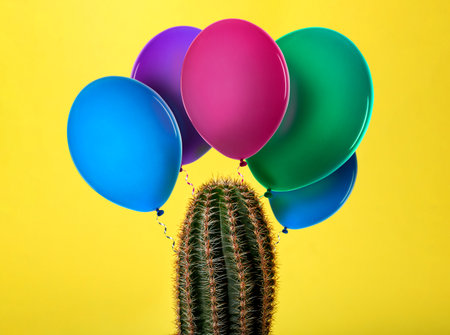 Prickly cactus and colorful balloons on yellow backgroundの写真素材