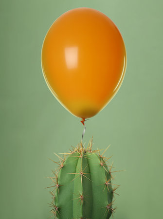Prickly cactus and orange balloon on green backgroundの写真素材