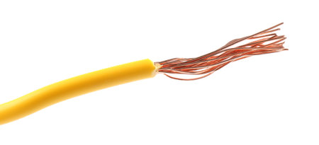 Stripped electrical wire with copper strands on white background
