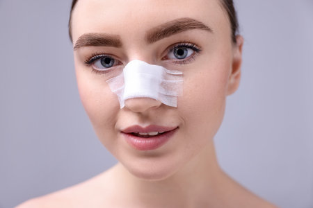 Woman with medical bandage on her nose after plastic surgery operation against gray backgroundの写真素材