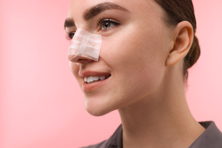 Woman with medical bandage on her nose after plastic surgery operation against pink background, , closeupの写真素材