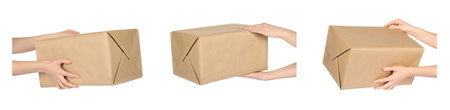 Woman holding parcel on white background, closeup. Collage