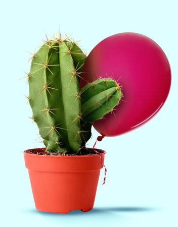 Prickly cactus with balloon on light blue backgroundの写真素材