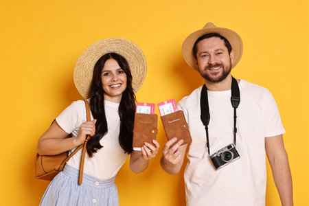 Tourism. Happy couple in hats with passports and tickets on yellow backgroundの写真素材