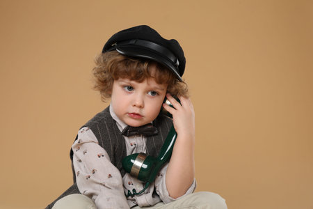 Cute little boy with telephone handset on beige background, space for textの写真素材