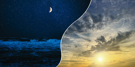 Sky in different time of day, collage. Banner designの写真素材