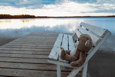Lonely teddy bear on bench near river, space for textの写真素材