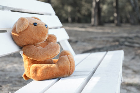 Lonely teddy bear on bench in parkの写真素材