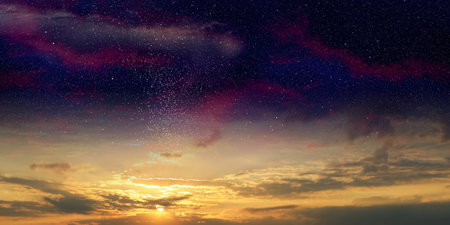 Sky in different times of day, collage. Morning or evening and deep night. Banner design
