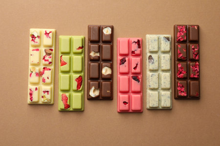 Different tasty chocolate bars on beige background, flat lay