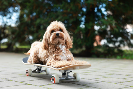 Cute dog with skateboard on city street.