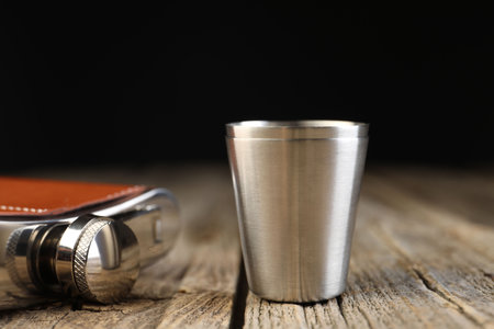 Hip flask and cups on wooden table, closeupの写真素材