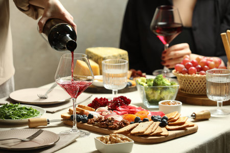 Woman pouring wine into glass at table with different snacks indoors, closeupの写真素材