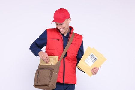Happy postman with bag and envelopes on white backgroundの写真素材