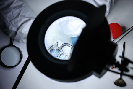 Forensic expert examining evidence in plastic bag at table indoors, top view