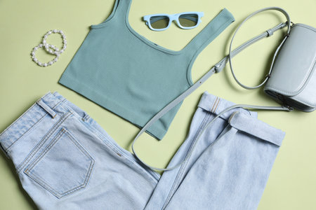 Stylish women's clothes and different accessories on light olive background, flat layの写真素材