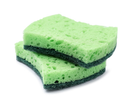 Green sponges isolated on white. Cleaning toolの写真素材