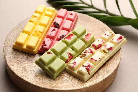 Different tasty chocolate bars on beige background, closeupの写真素材