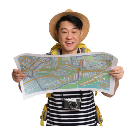 Traveller with map and backpack on white background