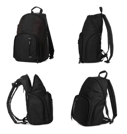 Black backpack isolated on white, collage. Different sidesの写真素材