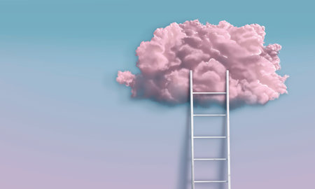 Ladder leading to pink cloud on light blue gradient backgroundの写真素材
