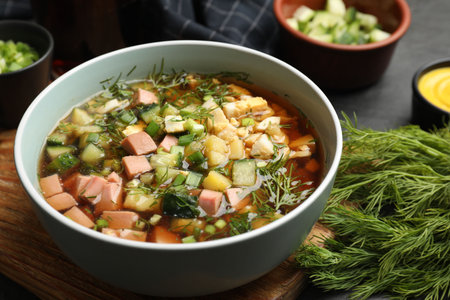 Delicious okroshka soup with kvass and ingredients on black table, closeup