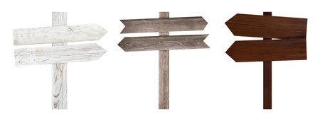 Wooden signposts with arrow-shaped pointers isolated on white