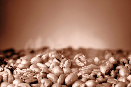 Coffee beans on brown gradient background, closeup.の写真素材