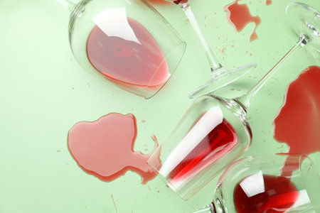 Glasses with spilled red wine on light green background, flat layの写真素材