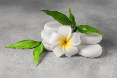 Spa stones, plumeria flower and green leaves on gray table, closeupの写真素材