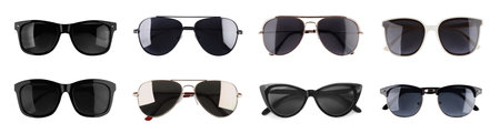 Different stylish sunglasses isolated on white. Fashionable accessoryの写真素材