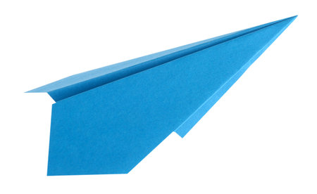 One handmade light blue paper plane isolated on whiteの写真素材