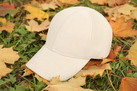 Stylish cap on grass with fallen leaves, closeup. Mockup for design