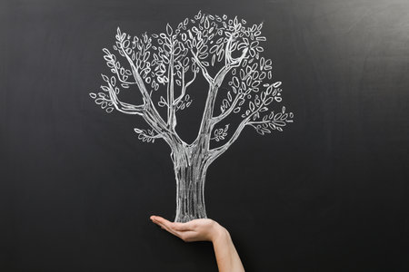 Woman pretending to hold tree drawn on chalkboard, closeup