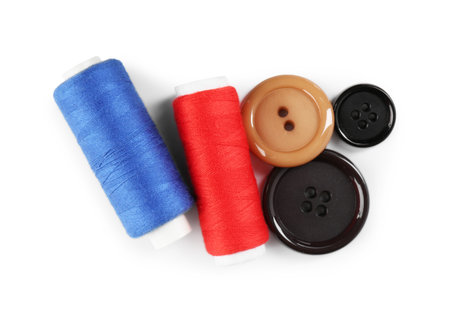 Different sewing supplies isolated on white, top viewの写真素材