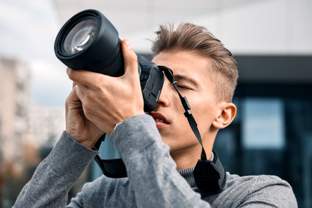 Professional photographer taking picture with camera outdoors