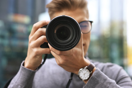 Professional photographer taking picture with camera outdoors, selective focusの写真素材