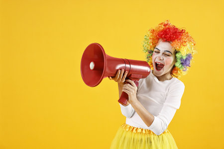 Cute girl dressed like clown shouting in megaphone on yellow background, space for text. Surprise...