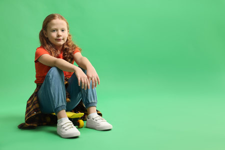 Little girl sitting on skateboard against green background, space for text