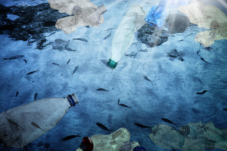 Environmental pollution. Ocean water with marine life and plastic garbage