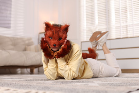 Woman wearing fox mask, gloves and tail at homeの写真素材